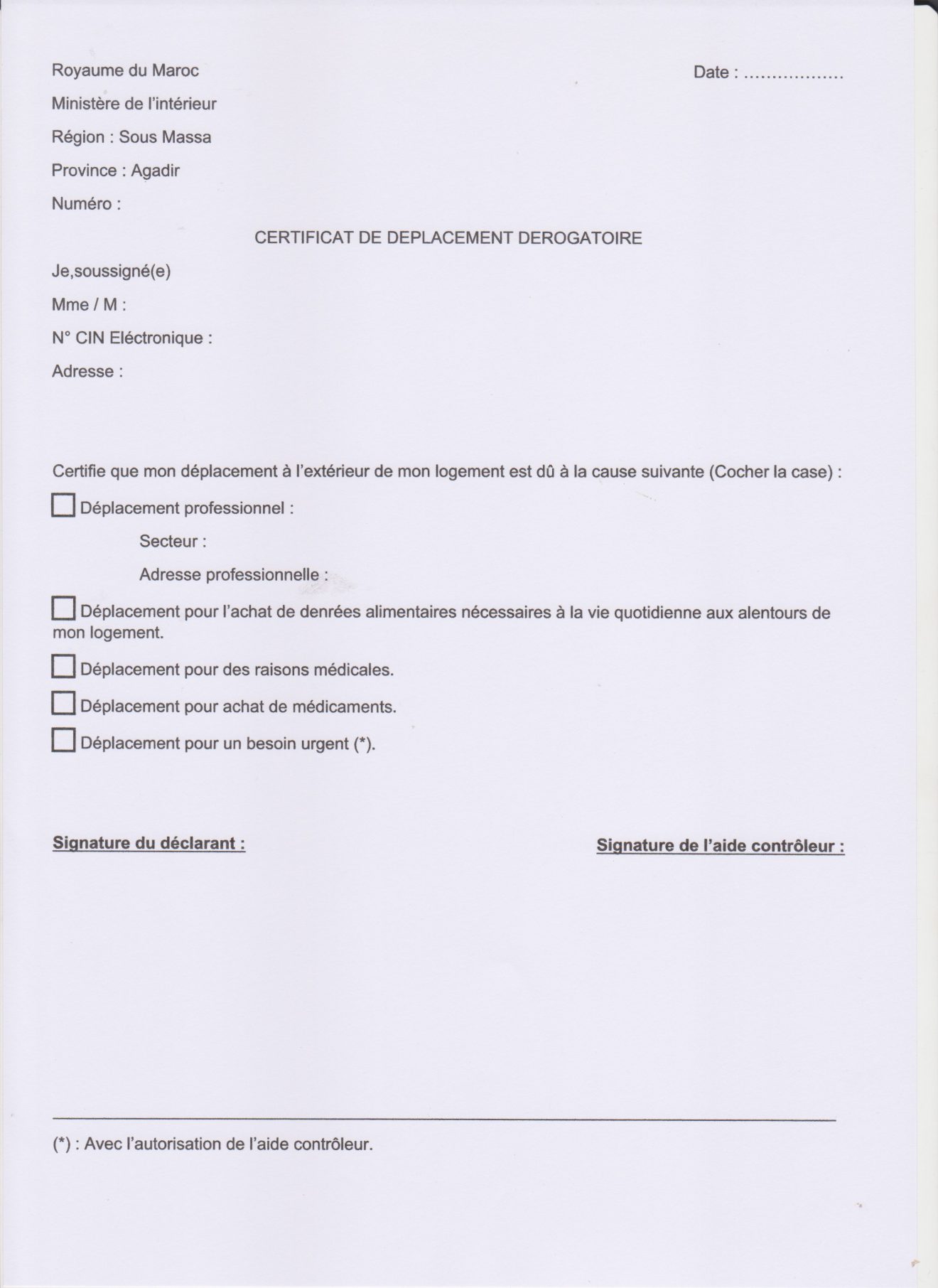 Maroc Attestation de déplacement dérogatoireversion française ABAVBA Les Belges d'Agadir